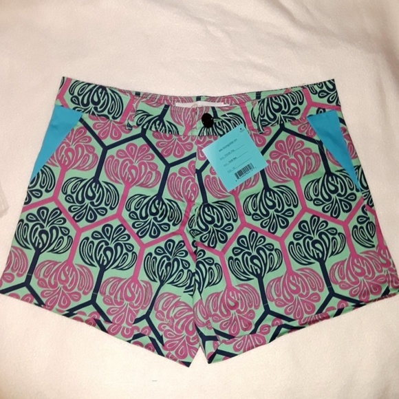 Pants - High Waisted Navy Green & Pink Florets Shorts 10